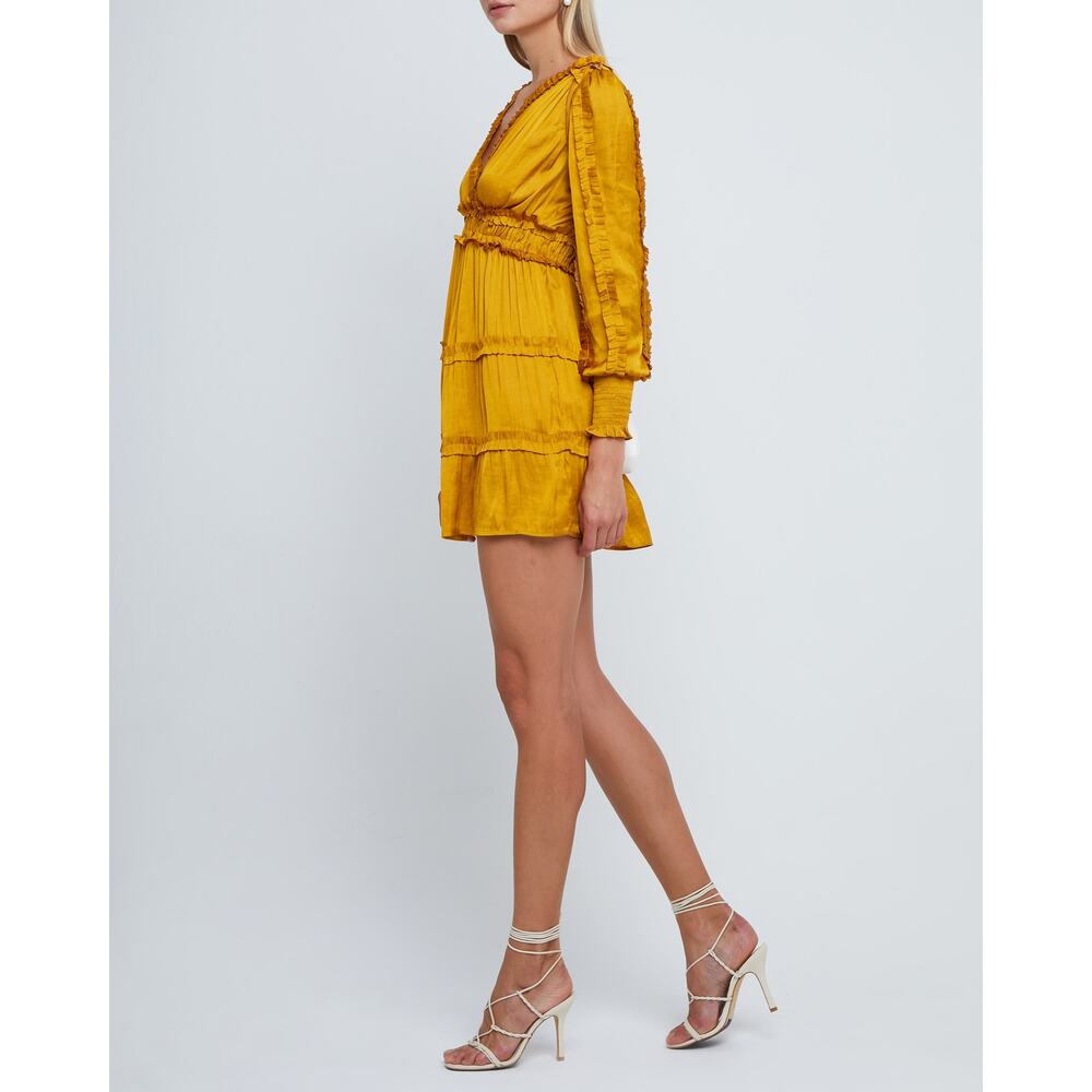 O.P.T. Feminine Modern Tianna Gold Pleated Ruffle Tiered Silky Mini Dress M - Picture 14 of 15